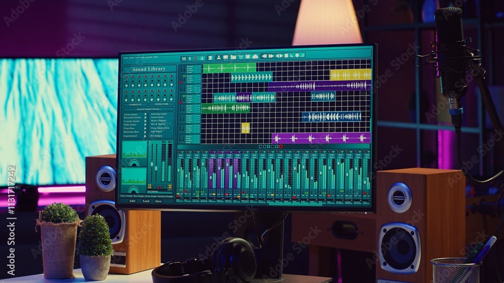 Leinwandbilder Empty space filled with mixing instruments and electronic tools, soundboard console and mastering panel used for recording tunes. Daw software on pc used in acoustical engineering. Camera A.