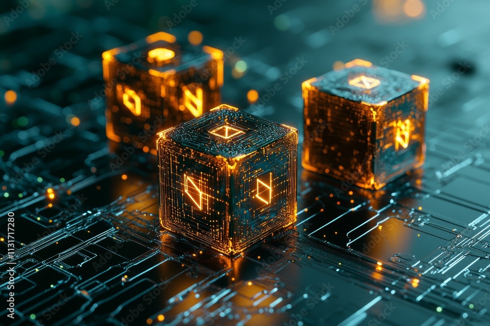 Poster A detailed 3D illustration of an interconnected ERP network, with each module represented as a glowing cube linked by neon lines
