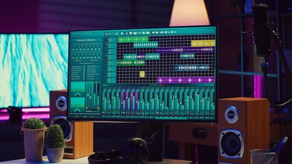 Empty space filled with mixing instruments and electronic tools, soundboard console and mastering...