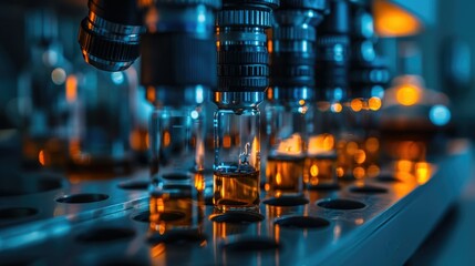 Automated liquid filling process in a pharmaceutical factory.  Automated machine filling amber glass vials with liquid.  Close-up view of robotic arms and conveyor belt.