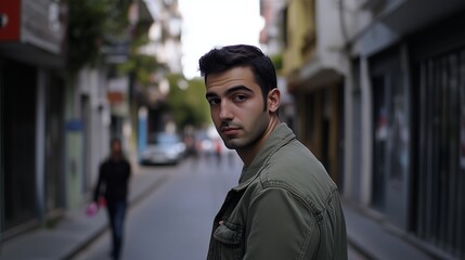 Fototapeta premium Man is standing on a street with a green jacket