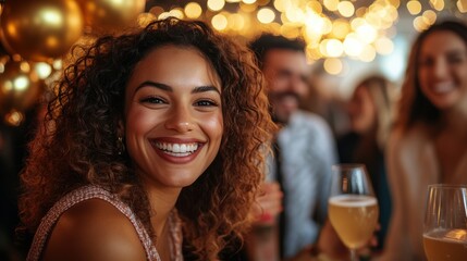 Fototapeta premium A woman cheerfully laughs with friends at a festive evening event, embraced by warm lighting and decorations, capturing the joy and spirit of celebration.