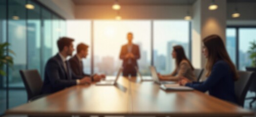 Business people in modern meeting room. Team participates in business discussion. Group sits around conference table with laptops. Blurred background shows modern office space. Cityscape visible