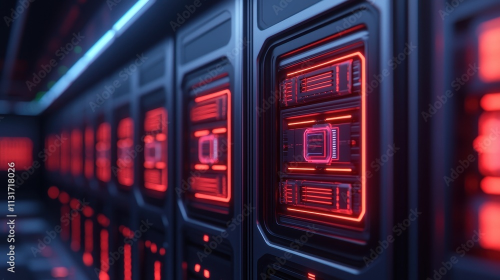 Poster futuristic data center with glowing red lights and technology design