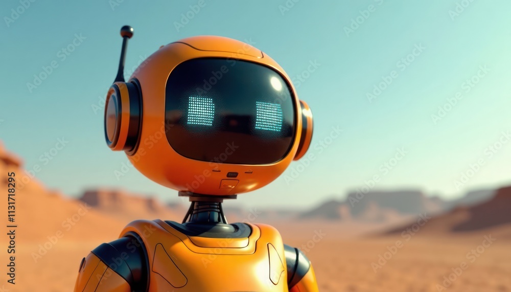 Poster orange robot with grid patterned digital face smiles happily in sunny desert. modern tech robot chee