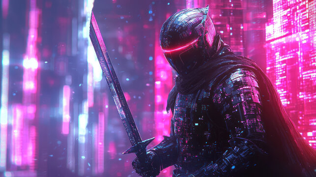 A heroic knight in chrome plated digital armor wields glowing sword, surrounded by vibrant neon lights