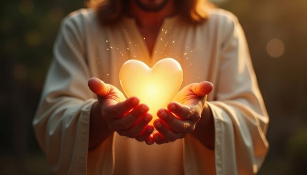 Jesus holds luminous heart love, divine light. Religious figure displays compassion, spiritual energy. Image represents divine love, faith. Suitable for religious themes. Picture offers spiritual