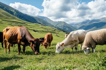 Obraz premium A group of cows and sheep meandering through a sprawling green field, set against a backdrop of rolling hills under a clear blue sky, represents rural splendor.