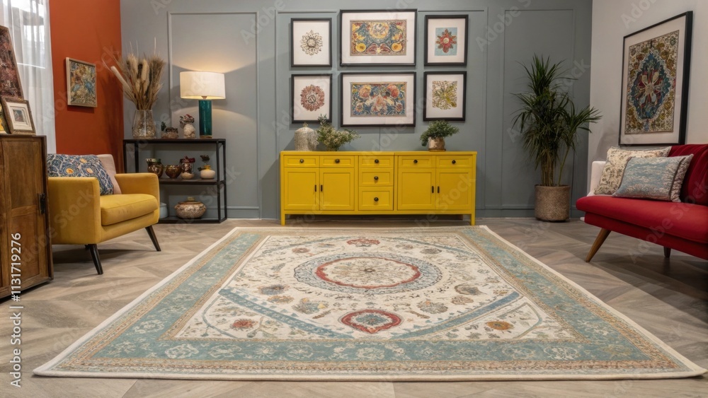 Poster a stunning area rug with intricate patterns in multiple shades connects the various elements bridgin