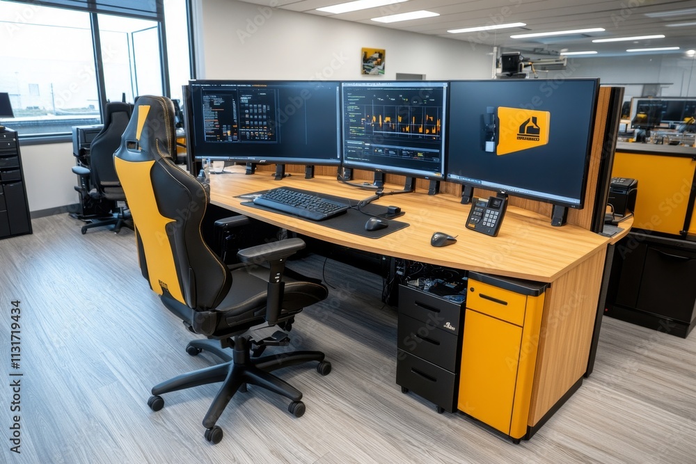 Poster A high-angle view of a busy control room where ERP systems are managing real-time production data