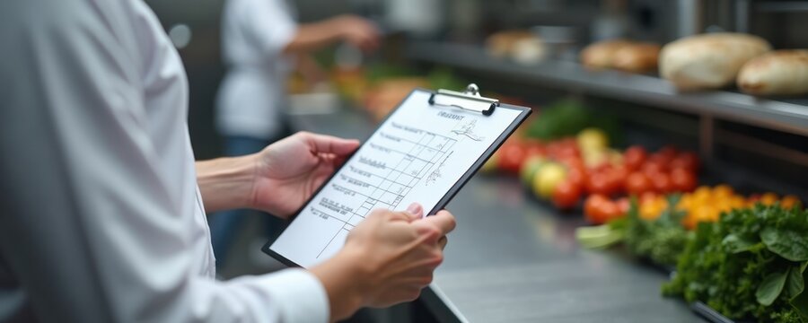 Person checks restaurant kitchen hygiene checklist. Food safety audit in progress. Pro inspects compliance standards. Person examines document in kitchen. Fresh produce background. Commercial