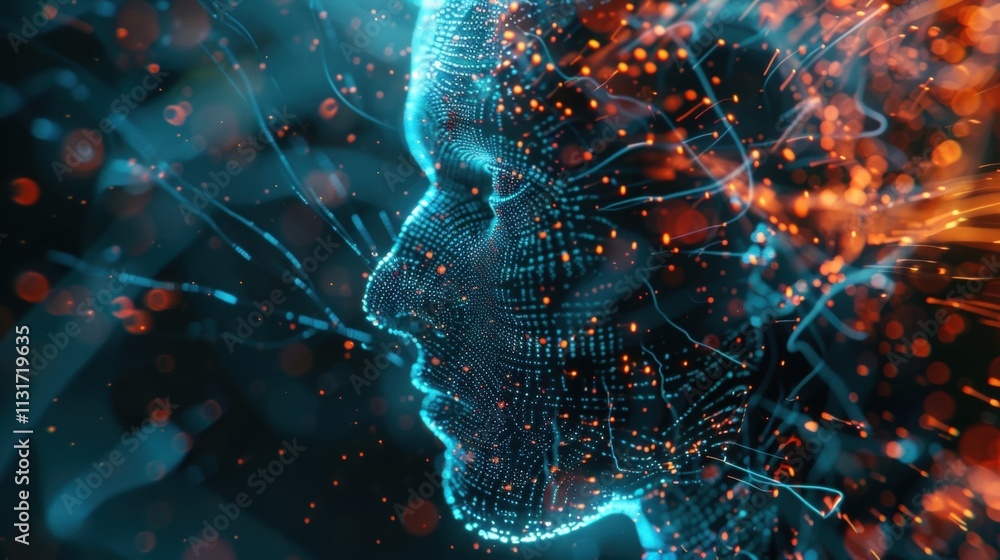 Aufkleber artificial intelligence face is emerging from a big data flow of information, creating a stunning vi