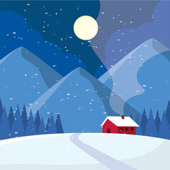 Fototapeta premium Winter cabin under a full moon in snowy mountains Vector