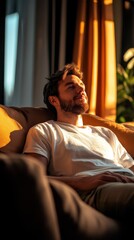 Fototapeta premium A serene moment captured as a person enjoys a leisurely rest on a sofa, bathed in the soft glow of golden light, emphasizing relaxation and warmth.
