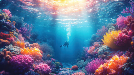 Obraz premium A beautiful coral reef with colorful corals and fish, a scuba diver swimming in the background