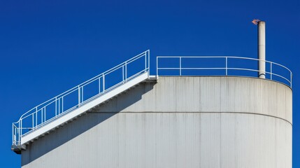Industrial tank with access stairs and exhaust pipe against clear blue sky.