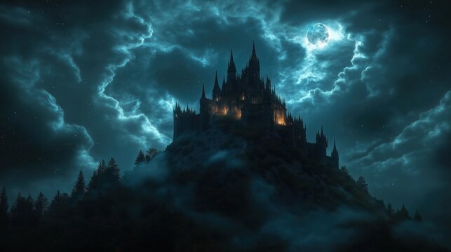 Mysterious castle stands on hill under dramatic night sky. Moonlight illuminates castle towers. Swirling clouds add eerie ambiance. Dark silhouettes of trees surround hill. Nighttime scene evokes