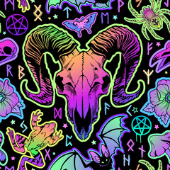 Witchcraft illustration with bright elements of animals and symbols. Seamless pattern