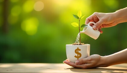woman watering plants in pots with dollar symbols. financial illustrations, stocks and economic growth