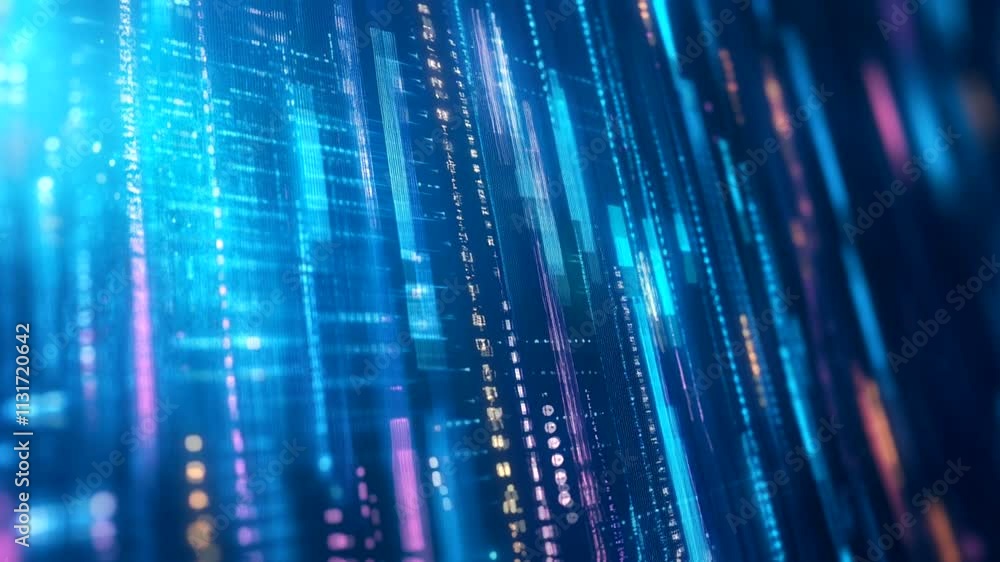 Poster abstract digital data stream: glowing blue and pink vertical lines of code