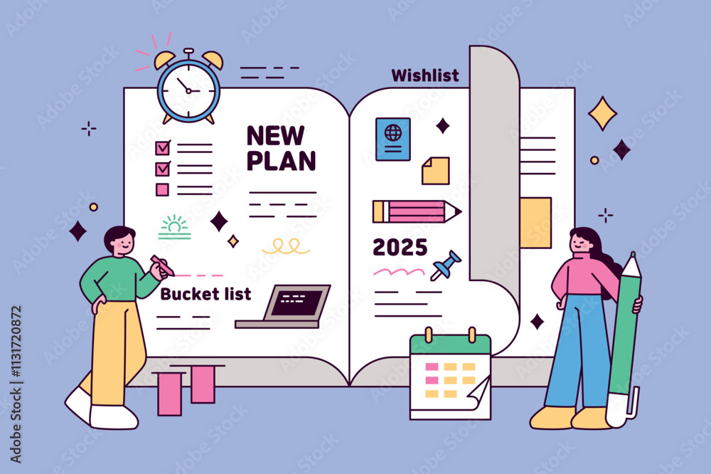 Aufkleber two people stand in front of a large notebook, holding pens. the notebook contains new year's resolu