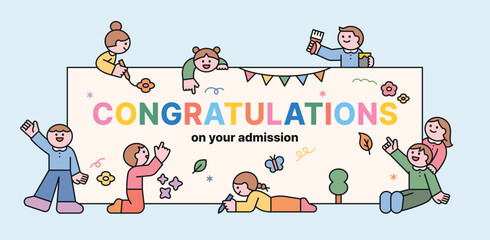 Cute children are all drawing congratulatory messages on a large banner. Cuttiny character with outline.