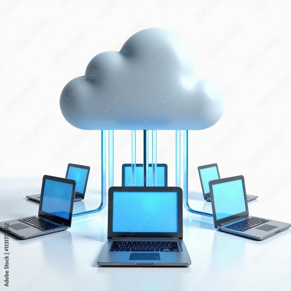 Poster laptops connected to cloud cloud computing. data storage, accessibility via network. modern tech ill