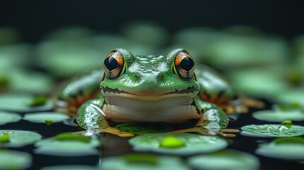 A close-up of a vibrant green frog resting on lily pads in still water.