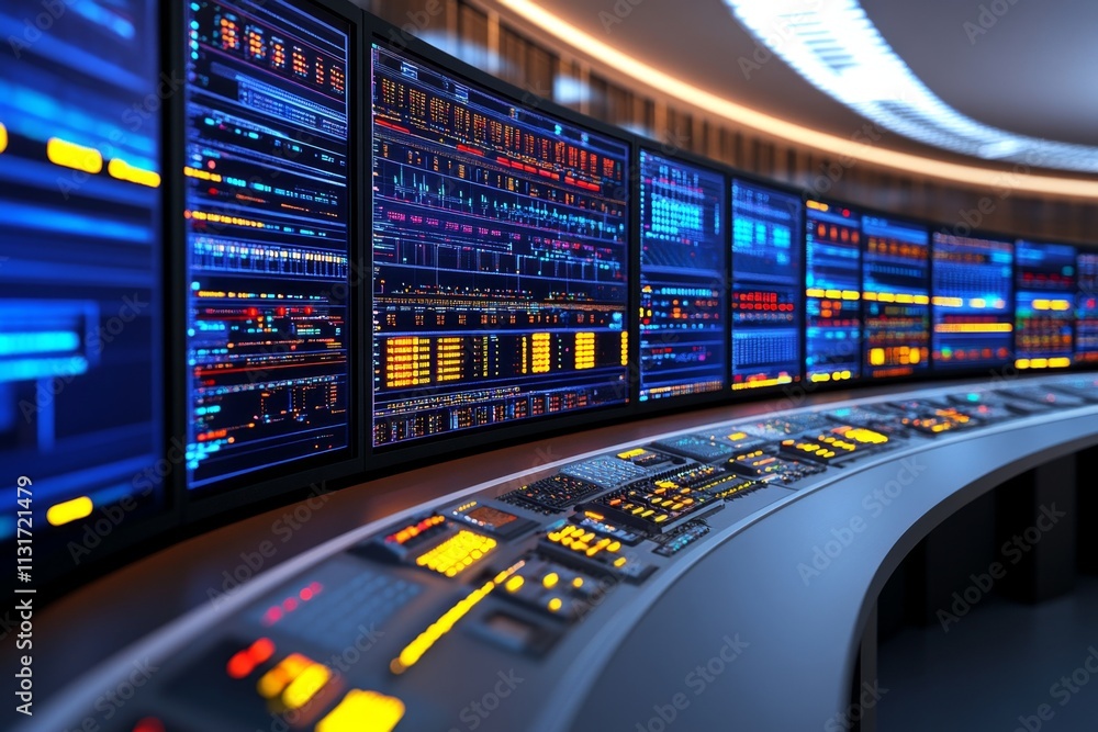 Aufkleber A power grid control room with warning lights and monitors showing voltage error readouts