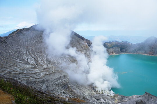 Kawah Ijen Crater Lake is the worlds largest acidic lake and has turquoise blue waters.