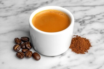 Obraz premium A side-by-side view of espresso in various stages: raw beans, ground coffee, and the finished shot