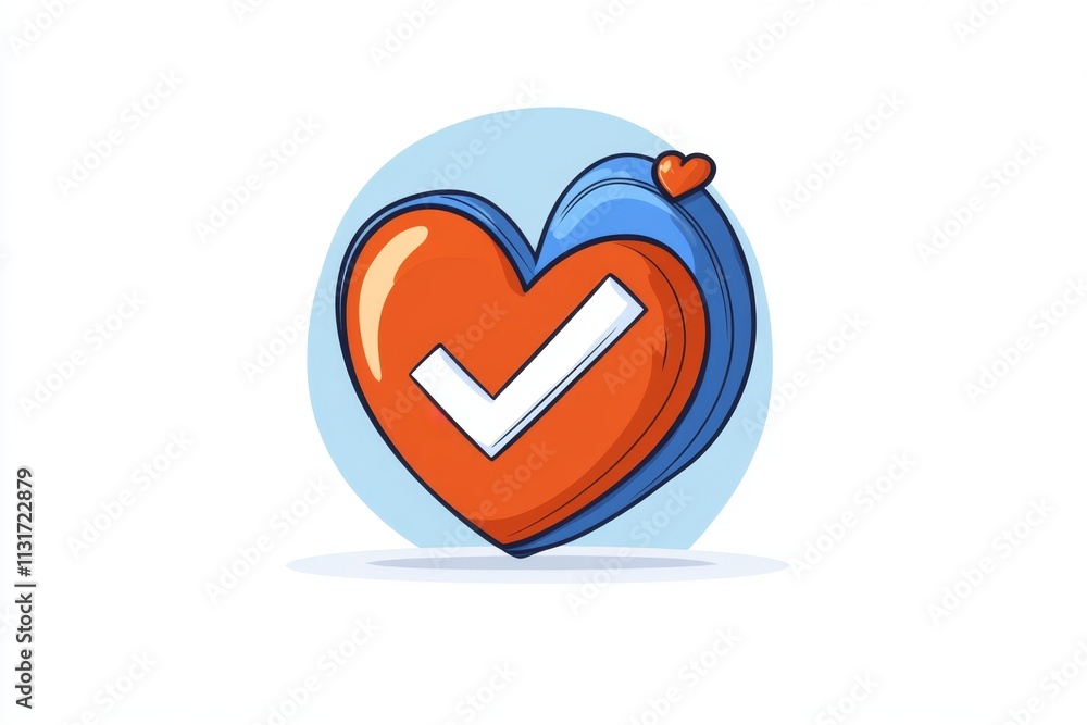 Poster A simple icon of a heart with a checkmark inside it, representing self-approval and self-esteem in clean lines and pastel colors