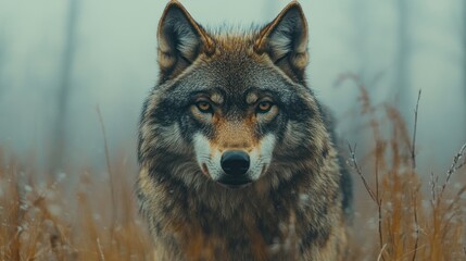 Fototapeta premium A close-up of a wolf in a misty landscape, showcasing its intense gaze and natural habitat.