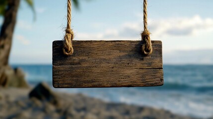 Rustic wooden sign hanging on a rope against a blurred beach backdrop.