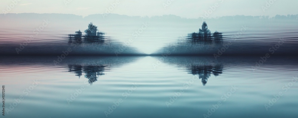 Poster audio waveform reflected in water, creating a serene, symmetrical image, audio reflection, calming f