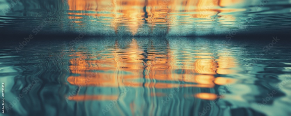 Poster audio waveform reflected in water, creating a serene, symmetrical image, audio reflection, calming f
