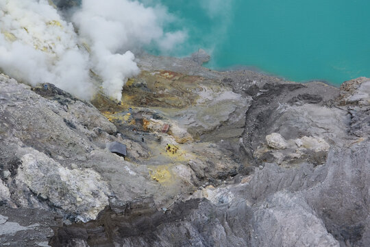 Kawah Ijen Crater Lake is the worlds largest acidic lake and has turquoise blue waters.