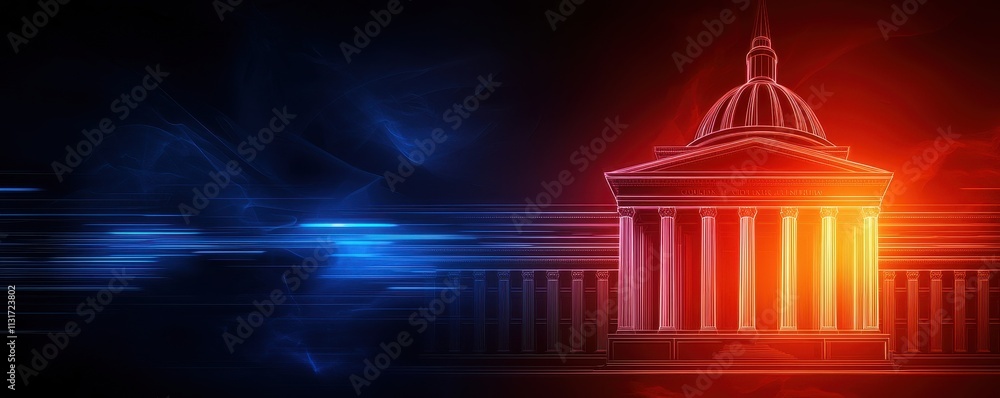 Poster a stylized image of a classical building with columns, featuring vibrant blue and red lighting effec