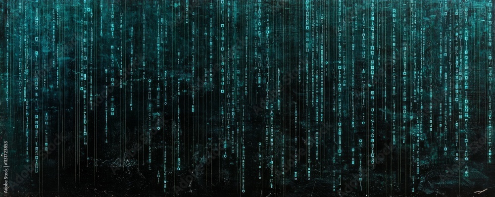 Poster an abstract, tech-inspired visualization of a dark interface with light blue digital encryption code