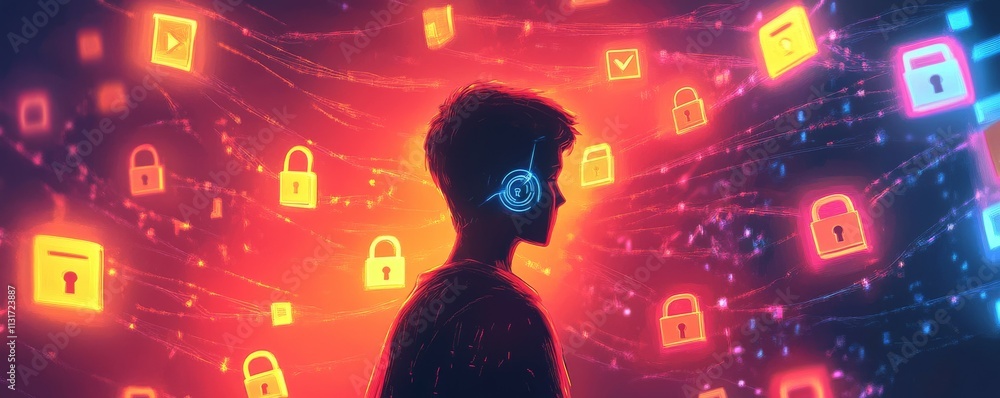 Aufkleber an abstract visual of an internet user, their personal data flowing through glowing cables secured b