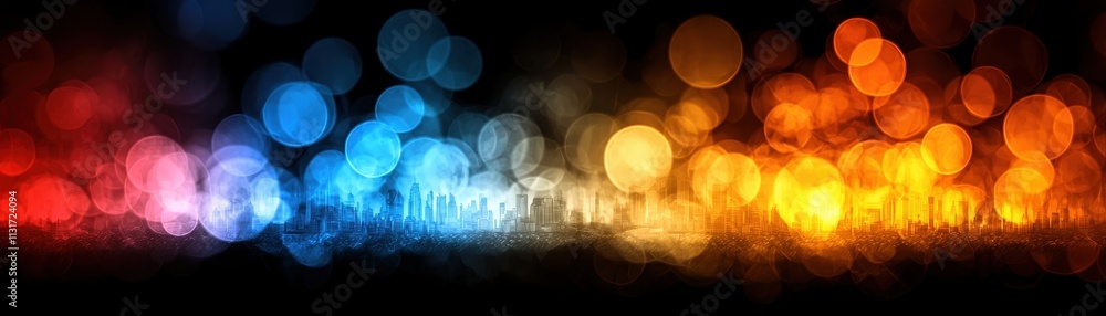 Poster a vibrant abstract background featuring colorful bokeh lights in blue, red, and orange hues, creatin