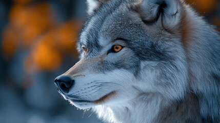 Fototapeta premium A close-up of a wolf's face, showcasing its striking features and intense gaze.