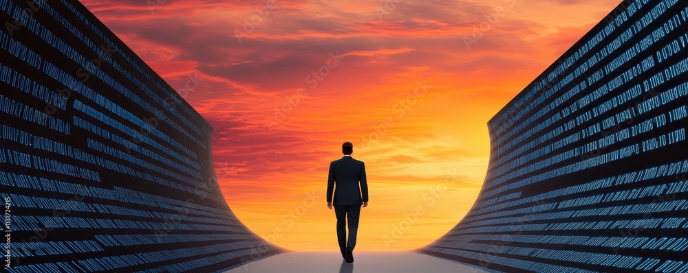 Poster a silhouetted figure walks towards a vibrant sunset, framed by towering walls of binary code, symbol