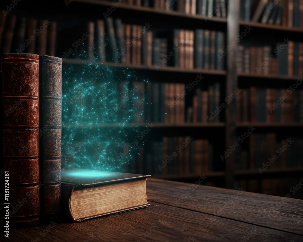 Poster a mystical library scene featuring ancient books with glowing elements, suggesting a connection betw