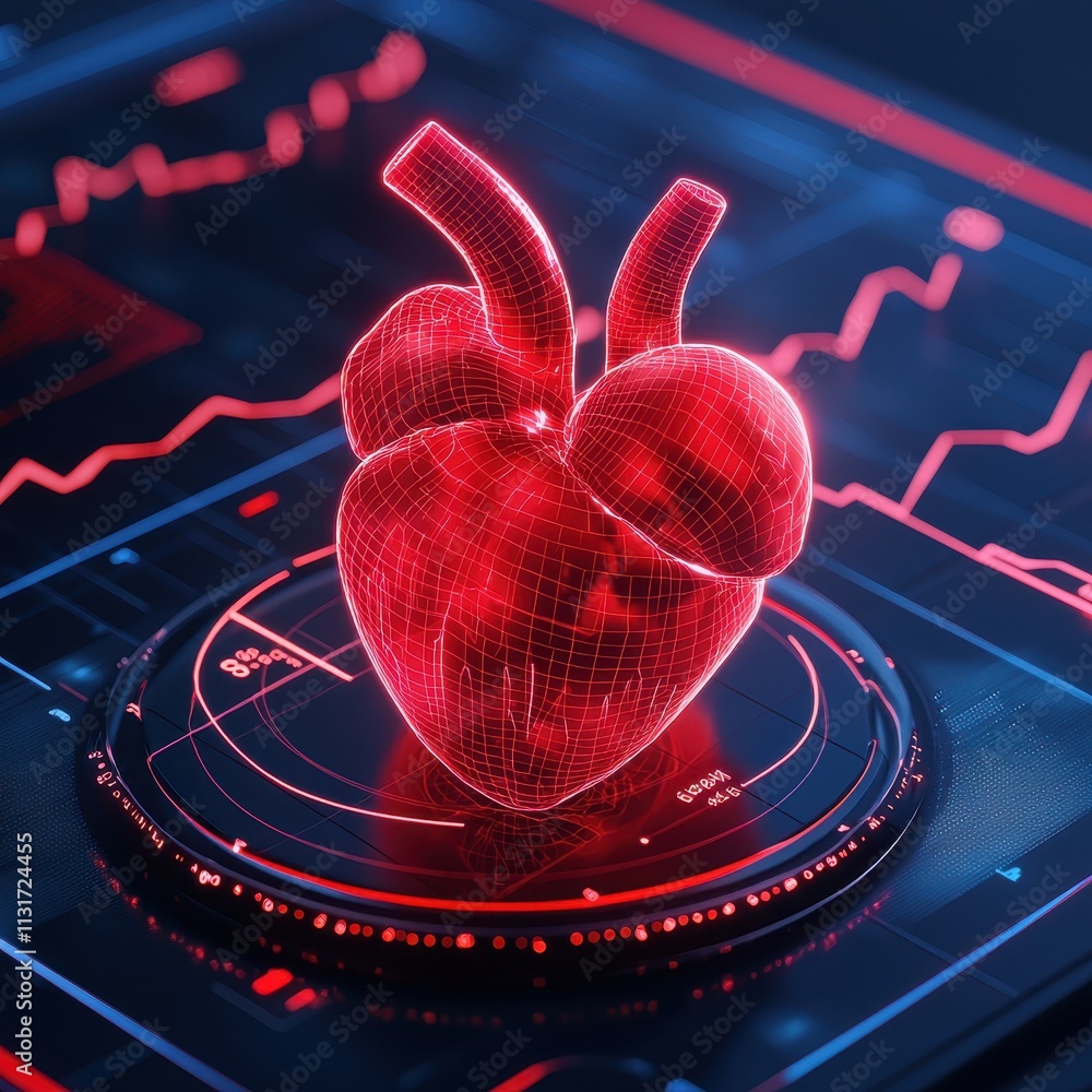 Poster a glowing red 3d heart model displayed on a digital interface, symbolizing health technology and car