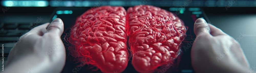 Poster a person holds a detailed image of a brain, showcasing its intricate structure against a futuristic 