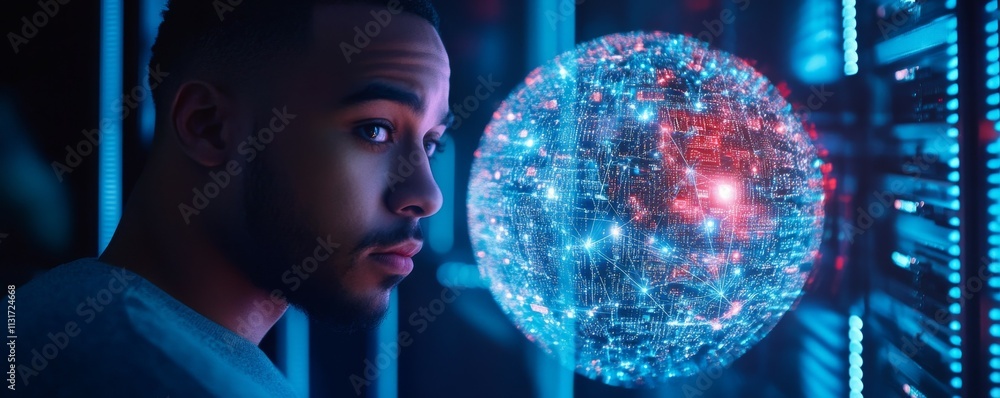 Poster anti tracking technology concept. glowing digital sphere representing data and technology in server 