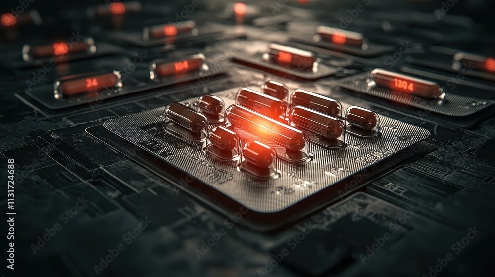 Poster a futuristic circuit board with glowing components, emphasizing technology and innovation in digital