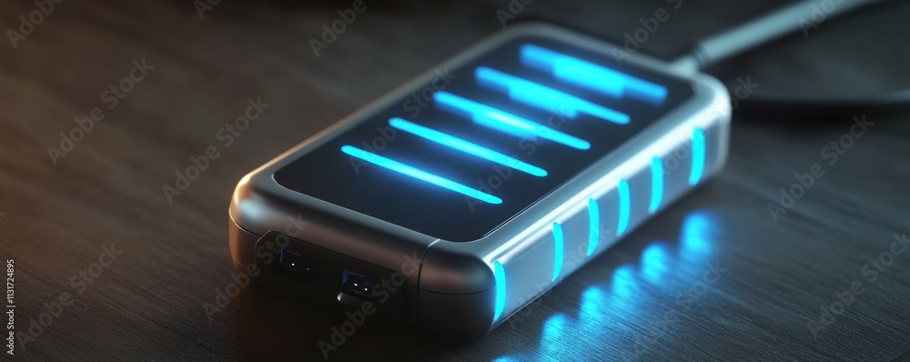 Poster battery storage portable concept. portable power device with soft glowing charge levels, ideal for t