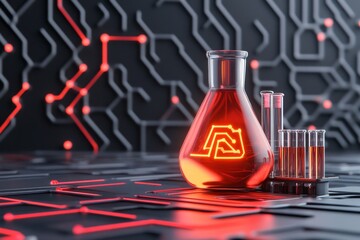 A vibrant 3D render of a laboratory setup featuring beakers, flasks, and digital instruments with glowing accents